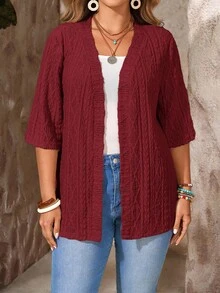 EMERY ROSE Women Plus Size Casual Loose Solid Color Short Sleeve Jacket - Burgundy - View 3