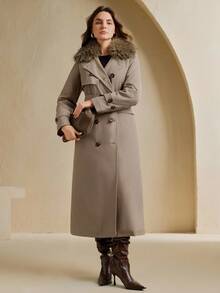 Anewsta 时尚仿毛领风衣，适合秋季、冬季、新年等场合，优雅别致，时尚有型，圣诞节、外出等场合皆宜，女士冬季服装 - 卡其色 - 查看 6