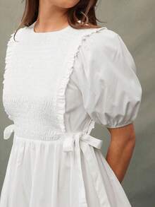 WESTFADE Đầm mini tay bồng xếp nếp cổ tròn thắt nơ hai bên, chất liệu cotton pha trộn, dễ thương, trang phục phương Tây dễ thương cho nữ, mùa thu, mùa đông, trang phục Boho - trắng - Xem 6