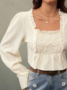 WESTFADE Textured Woven Smocked Square Neck Long Flare Sleeve Ruffle Top Fall, Autumn, Winter, Boho , Casual Western Wear For Women, Cute Country Concert - Cream - View 5