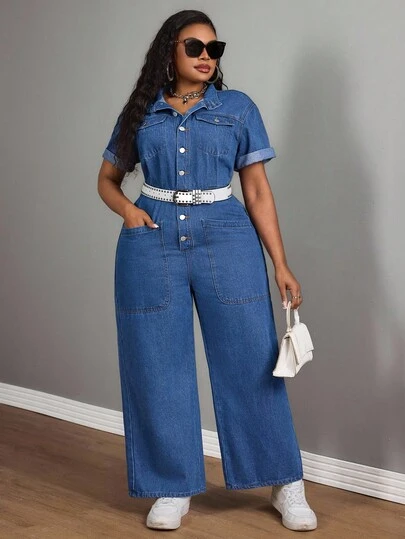 Slaydiva 大码女牛仔装，蓝色无弹力休闲宽松直筒连体裤，秋季