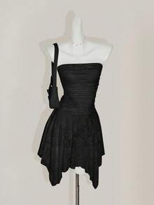 SHEIN ICON Lace Ruched Asymmetrical Hem Bandeau Mini Dress,Dresses For Women Party - Black - View 4