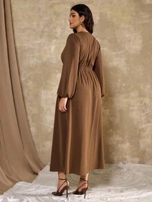 Roveilla Đầm tay dài cổ chữ V thanh lịch, nhún bèo phía trước và eo, túi lưng co giãn cỡ lớn dành cho nữ, thường ngày, đi làm, mặc đi nghỉ dưỡng, xuân/thu/đông - màu nâu - Xem 2