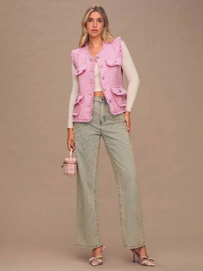 Enchnt Fall/Winter Romantic Women's Elegant Pink Metal Single-Breasted Fringe Elegant Tweed Vest Jacket,Sweet&Elegant&Fashionable For Date&Holiday&Birthday&Office,Fall Jacket For Women,Autumn Clothes