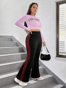SHEIN EZwear Pantalon évasé en tricot noir avec patchwork et ruban rouge pour femmes grandes tailles - Multicolore - Voir 2