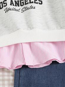 青少年女孩运动衫，休闲学院风百搭，二合一运动衫衬衫领数字和字母印花豹纹宽松加州运动衫女孩长袖运动衫儿童灰色运动衫儿童服装 - 粉色 - 查看 4