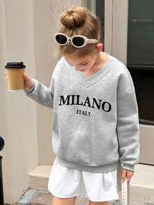 SHEIN 青少年女孩 V 领宽松运动衫，休闲简约，适合秋冬季 - 淺灰色 - 查看 7