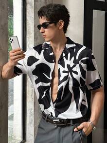 SWAVVY Herren Lässig Urlaubsstil Schwarz & Weiß Blume Muster Webhemd mit Kurzarm, Sommer