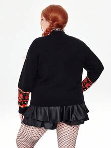 ROMWE Goth 大码女式哥特式南瓜、猫、蜘蛛网、幽灵图案提花针织开衫，秋冬款 - 彩色 - 查看 3