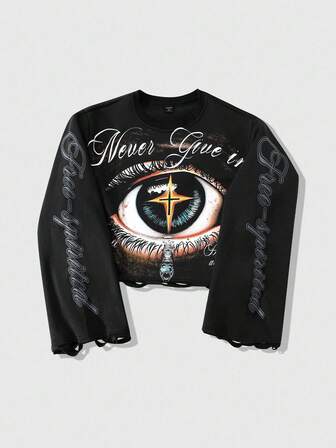 Street Life Sudadera de cuello redondo con estampado de ojos y efecto desgastado para hombre, otoño e invierno