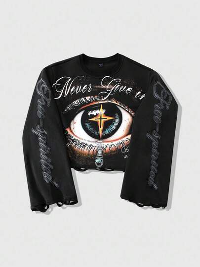 Street Life Felpa girocollo a maniche lunghe con stampa occhi e effetto vissuto, autunno inverno, da uomo