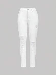 SHEIN Tall Quần Jeans Nữ Skinny Túi Rách Thường Ngày Đa Năng - trắng - Xem 1