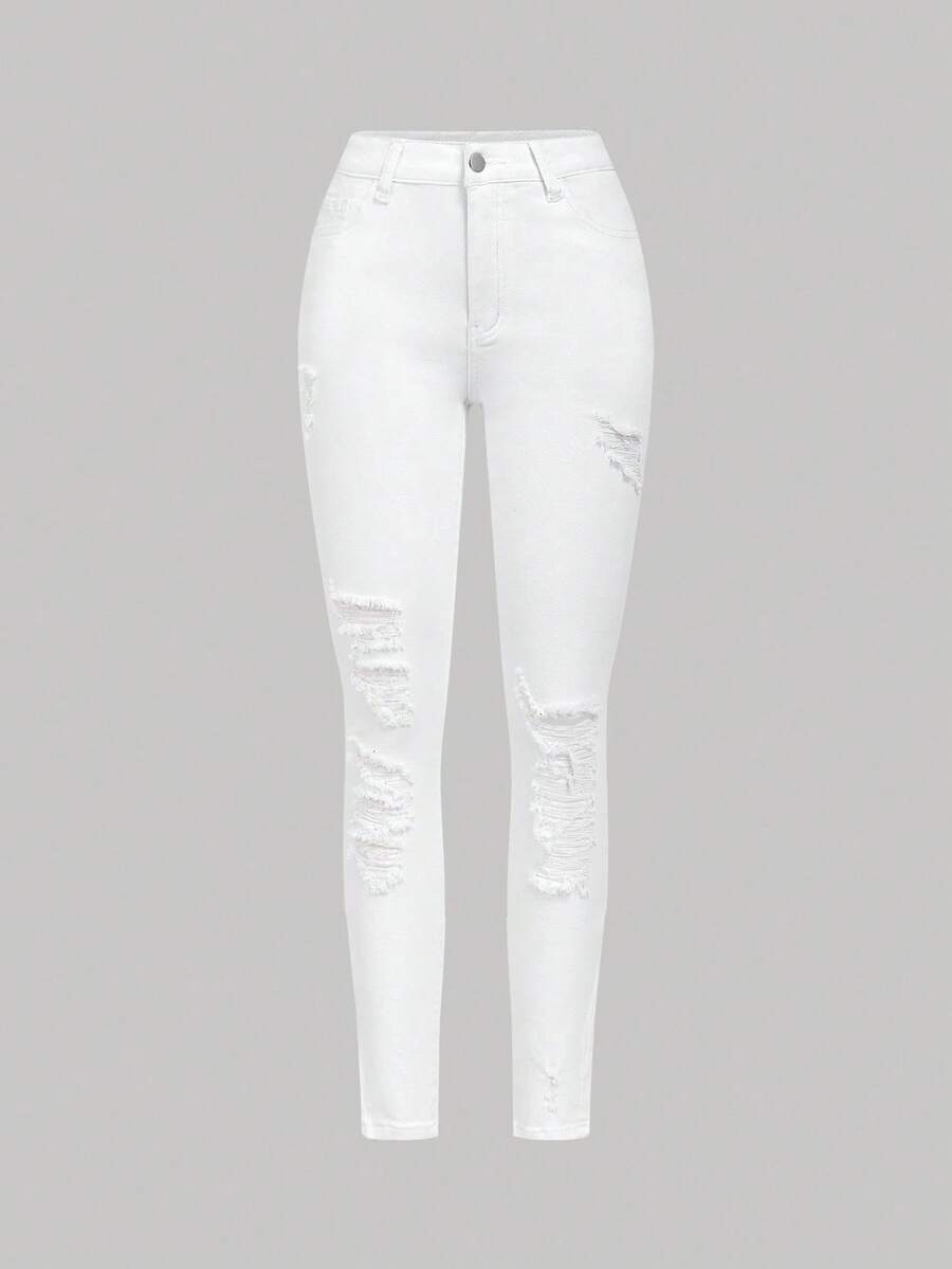 SHEIN Tall Quần Jeans Nữ Skinny Túi Rách Thường Ngày Đa Năng - trắng - Xem 1