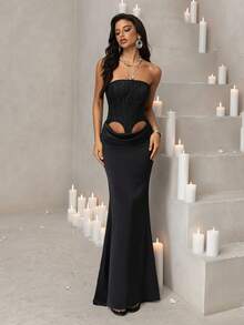 Vowa Women's Elegant Vintage Jacquard Satin Waist Hollow Out Ruffle Tie Fishtail Skirt,Formal Dress For Galas,Balls,Birthdays,Festivals & Graduations - Black - View 7