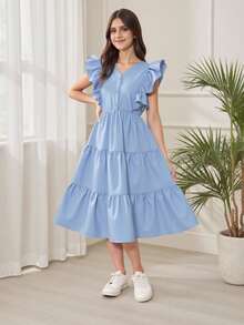 优雅少女天蓝色中长连衣裙，春夏 - 藍色 - 查看 5