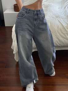 Livesso Women's Vintage Washed Loose Straight Leg Jeans, Casual Street Style, Suitable For Spring, Summer, Autumn