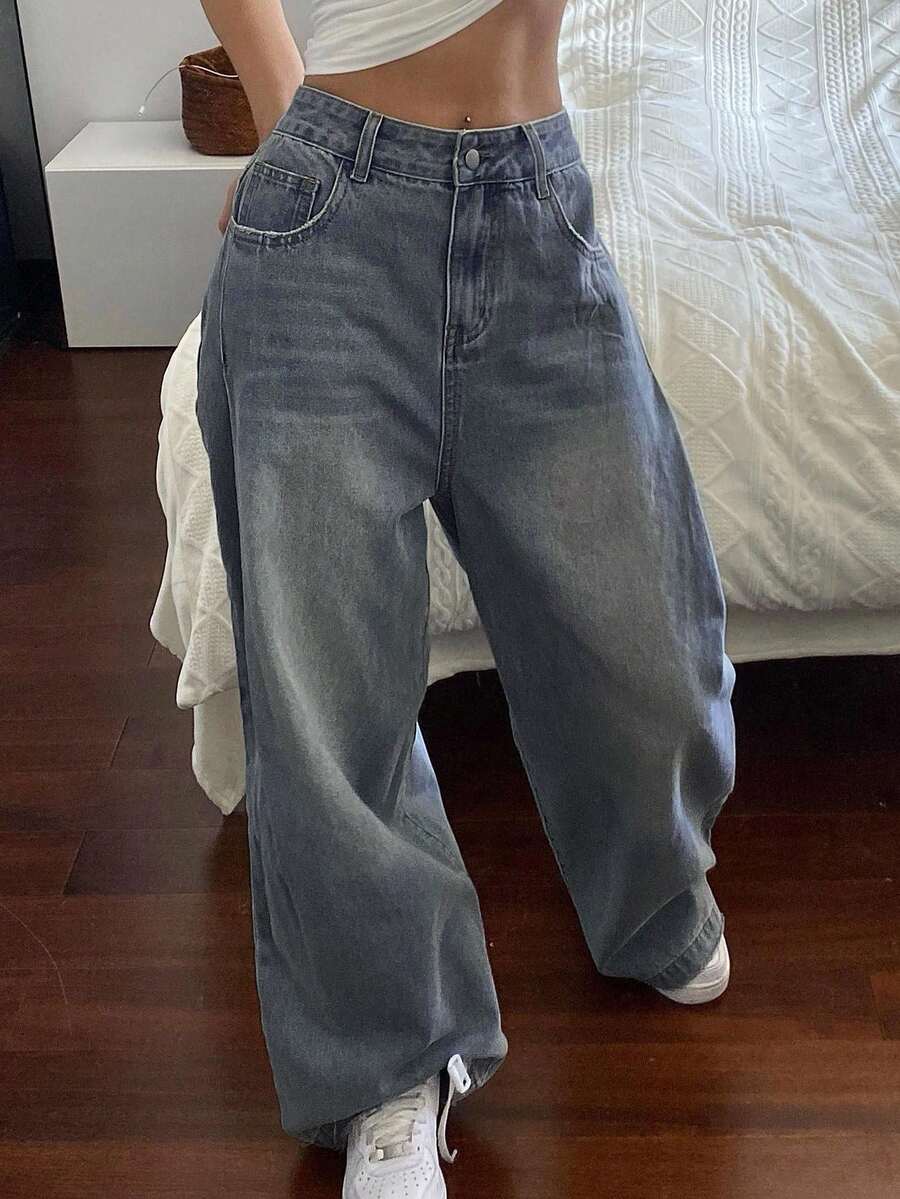 Livesso Women's Vintage Washed Loose Straight Leg Jeans, Casual Street Style, Suitable For Spring, Summer, Autumn