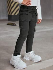 SHEIN Young Girl Washed Slim Fit Cargo Jeans - Black - View 4