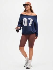 Streetz SHEIN Sport 女式休闲宽松数字印花落肩长袖运动衫 - 藏蓝色 - 查看 5