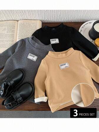 3pcs Baby Girl Knitted Solid Color Collar Letter Casual Outfit Set