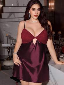 SilkySpell Plus Size Women Blue Seductive Camisole Nightgown Plus Size Satin Sleepwear Plus Size Boudoir Outfits - Red Violet - View 5