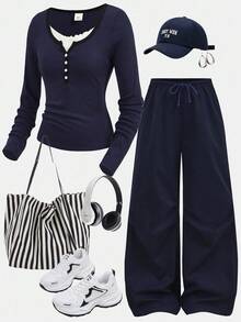 Girlism Teen Girls Navy Blue Ribbed Long Sleeve Mock Neck Contrast Trim Button Design Tight Fit Turtleneck Top And Wide Leg Pleated Pants Casual Street Chic Two Pieces Set Fall Winter