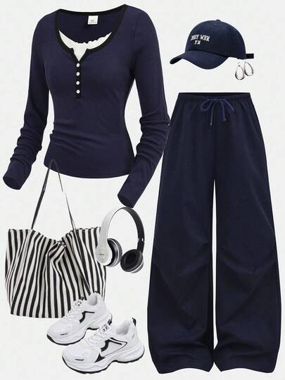 Girlism Teen Girls Navy Blue Ribbed Long Sleeve Mock Neck Contrast Trim Button Design Tight Fit Turtleneck Top And Wide Leg Pleated Pants Casual Street Chic Two Pieces Set Fall Winter