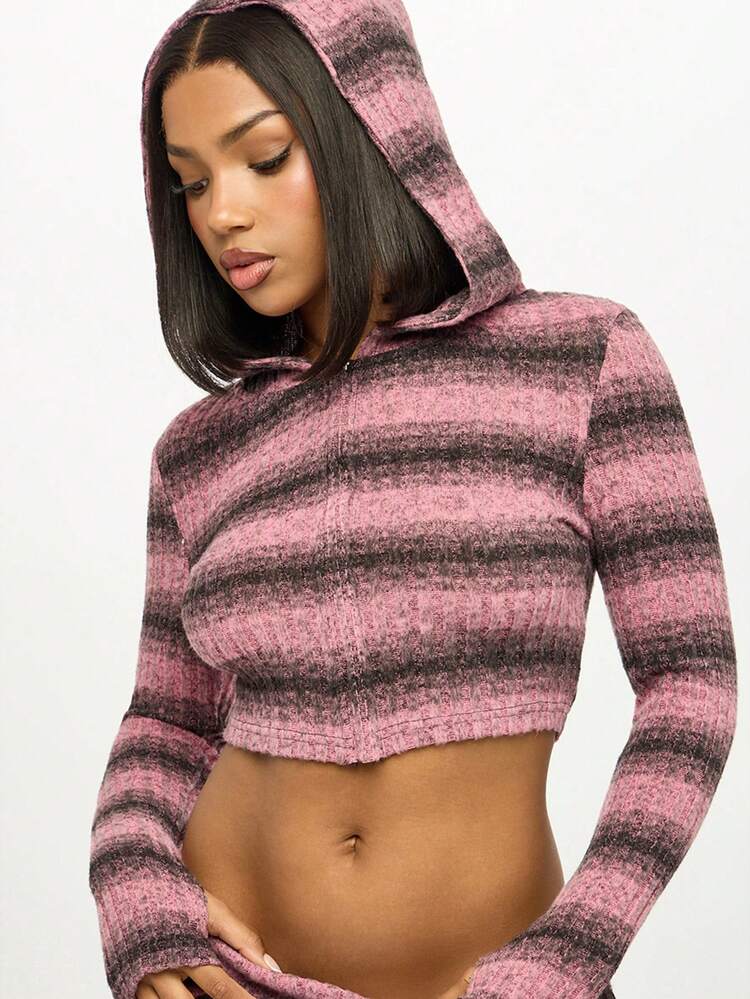 SUMWON WOMEN Striped Knitted Zip Through Hoodie