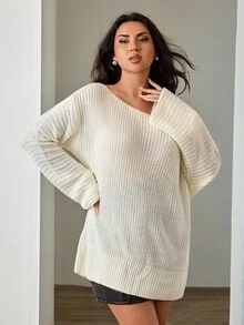 SHEIN Cottnline Plus Size Boat Neck Drop Shoulder Solid Color Sweater Dress - Beige - View 4