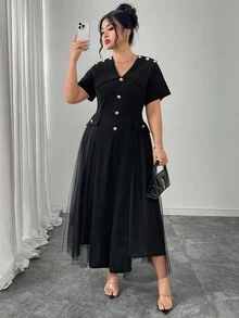 Modelyn 夏季大码优雅纯色网眼拼布连衣裙