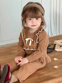 DAZY Conjunto de 2 piezas de suéter de punto con lazo y volantes & leggings para niñas pequeñas, otoño e invierno - Marrón - Ver 5