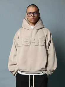 SUMWON Áo hoodie chui đầu phong cách đại học cổ điển 1947 cỡ lớn với thiết kế đính nổi cổ điển, vừa vặn thoải mái cho phong cách thể thao mùa thu đông, thời trang đường phố - Màu Khaki - Xem 1