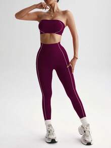 Slayform Conjunto de sujetador deportivo sin costuras y mallas a rayas blancas y moradas para mujer