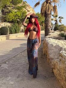 Bearsaez 网眼图案印花串珠抽绳阔腿裤夏季度假伊比沙岛优雅伊比沙岛可爱海滩节狂欢波西米亚风沙滩装假日服装，夏季服装条纹 - 彩色 - 查看 1