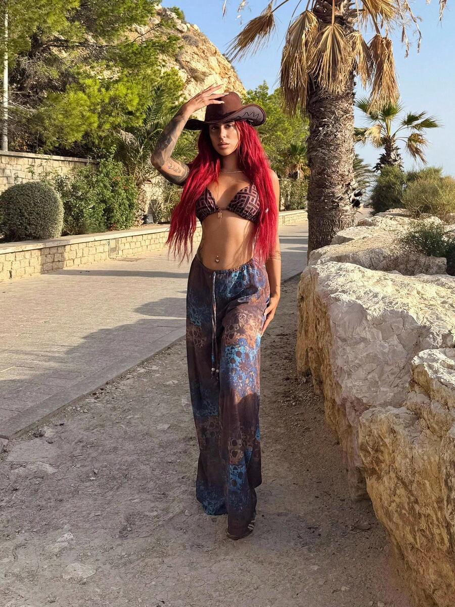 Bearsaez 网眼图案印花串珠抽绳阔腿裤夏季度假伊比沙岛优雅伊比沙岛可爱海滩节狂欢波西米亚风沙滩装假日服装，夏季服装条纹 - 彩色 - 查看 1