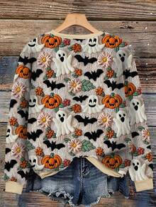 EMERY ROSE 女士万圣节幽灵、南瓜和蝙蝠印花插肩长袖套头卫衣秋季卫衣 - 彩色 - 查看 2