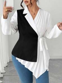 Elenzga Plus Size Women's Contrast Color Pleated Blazer Fall Cloth For Women Autumn - Multicolor - View 6