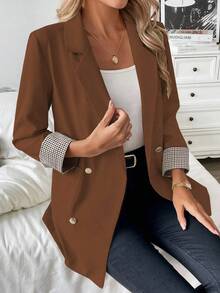 Franclia French Plaid Sleeve Cuff Slightly Fitted Commuter Casual Summer Blazer Brown BrunoWomen's Summer Jacket, Three-Quarter Sleeve Suit Jacket, Summer Outerwear, Casual Jacket, Versatile Suit Jacket - Bronze - View 6