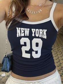 女童夏季字母印花荷叶边休闲吊带背心 - 藏蓝色 - 查看 6