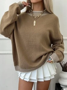 Livesso Women's Casual Loose Fit Contrast Color Chunky Knit Sweater, Autumn - Coffee Brown - View 4