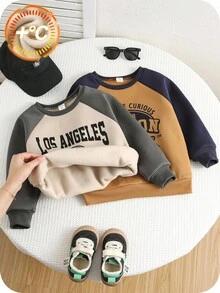 2pcs/Set Toddler Boys/Girls Thickened Contrast Color Block English Graphic Crew Neck Long Sleeve Sweatshirt Set, Comfortable Versatile Casual Daily Sporty Chic Basic Style, Suitable For Indoor, Outdoor, Skiing, Daily Wear, Sports, Play, Party, Photo Shoot, Back To School Season, Autumn/Winter Kids Autumn Clothes Boys Korean Fashion Kids Sweatshirt Boys Sweater Boys Sweatshirt Fall - Multicolor - View 1