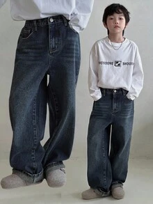 Dazy Kids 男童直筒百搭牛仔裤，秋季休闲裤 - 深色水洗藍 - 查看 1