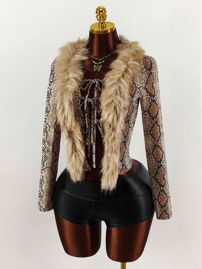 Amplova Chaqueta de moda sexy de manga larga con efecto de piel de serpiente y pelo sintético para otoño/invierno