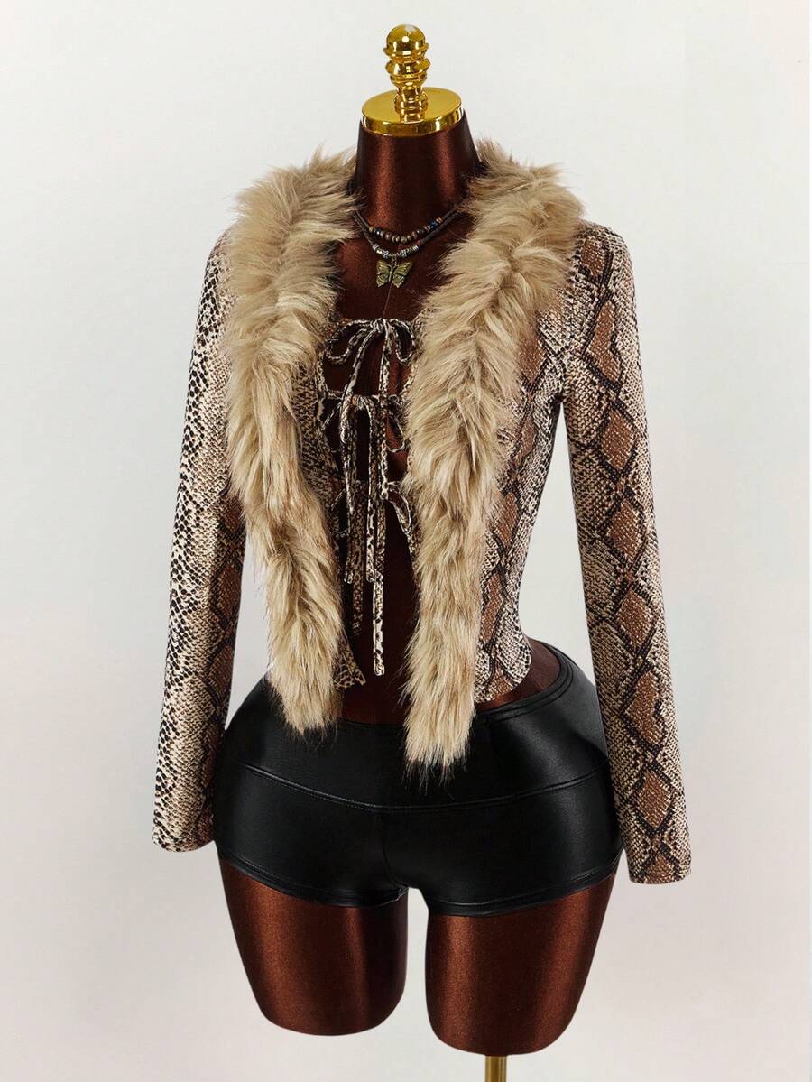 Amplova Áo khoác nữ tay dài lông giả da rắn thời trang gợi cảm cho mùa thu/đông - Nhiều màu - Xem 1