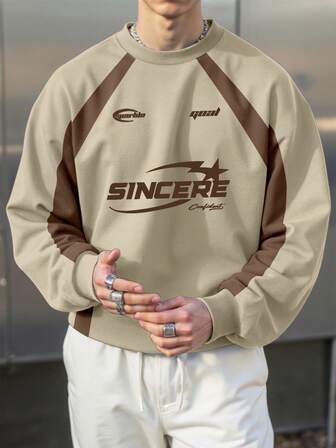 Manfinity Roghcode Men's Casual Letter Print Round Neck Raglan Sleeve Loose Pullover Sweatshirt, Autumn Graphic Sweatshirt Brown Sweatshirt Brown Graphic Sweatshirt Streetwear Sweatshirt Mens Sweatshirt Streetwear Top 90s Sporty Sweater Men Streetwear Hoodies