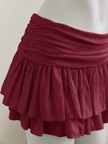 Elamini Beige Pleated High Waist Low Waist Double Layer Chiffon Skirt, Vacation Style Mini Skirt - Burgundy - View 7