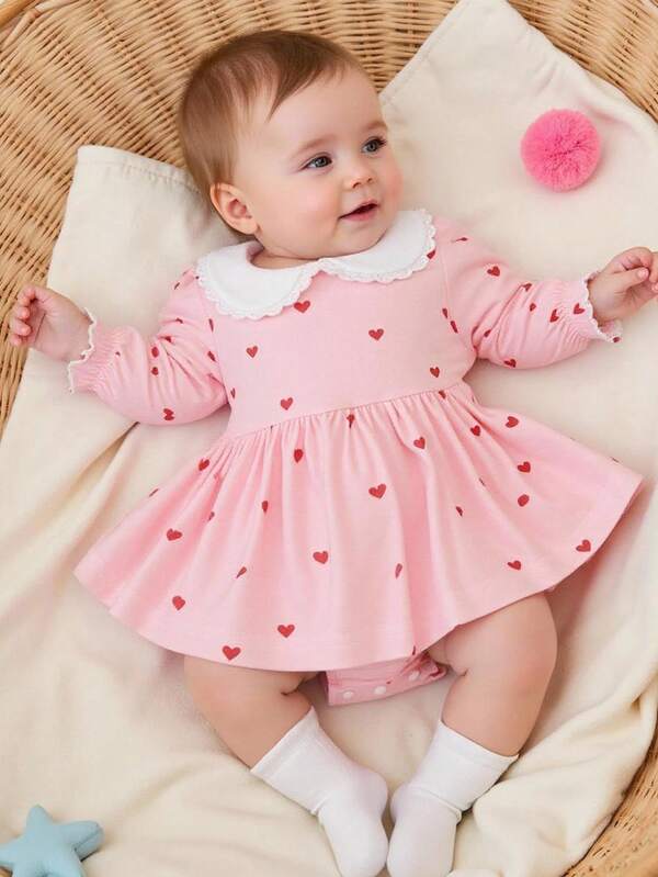 SHEIN Newborn Baby With Lace Peter Pan Collar & Heart Design Bodysuit, Sweet Style For Autumn Fall Winter