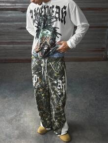 AXEPEAK Ensemble t-shirt à imprimé chiffre et lettre et pantalon camouflage pour hommes, vêtements d'automne