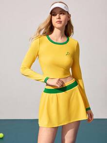 CourtClass 女式球拍印花圆领长袖短款运动T恤 - 黃色 - 查看 4