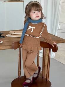 DAZY Conjunto de 2 piezas de suéter de punto con lazo y volantes & leggings para niñas pequeñas, otoño e invierno - Marrón - Ver 3